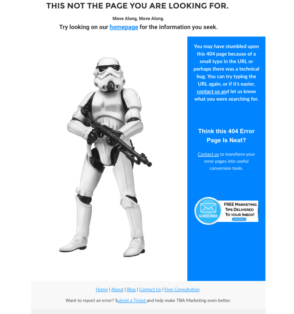How A Custom 404 Page Can Rescue Your Lost Website Visitors. 3 custom 404 page star wars stormtrooper